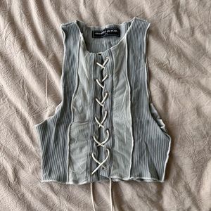 MANIERE DE VOIR MESH PANEL LACE UP CROP TOP - PALE BLUE